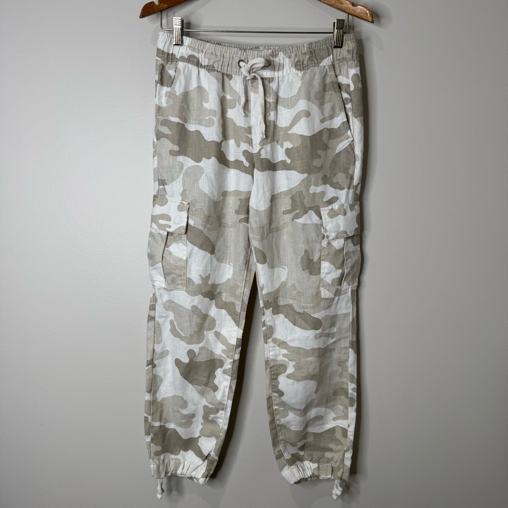 Sanctuary x Anthropologie 100% Linen Gray White Camo Drawstring Jogger Pants XS‎